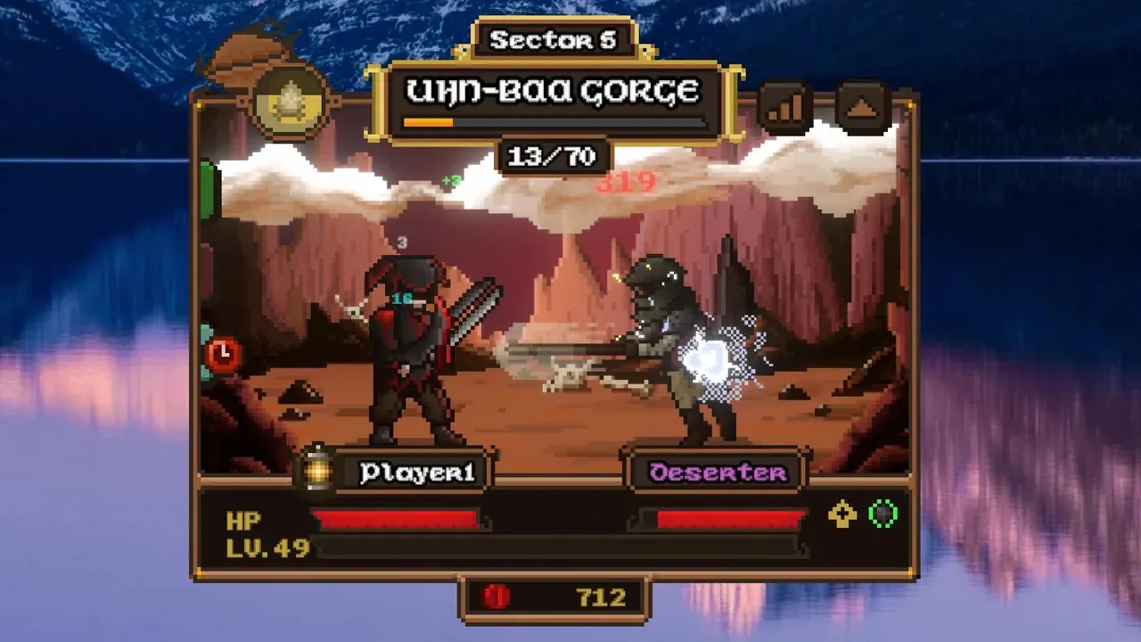 Official Lootborne screenshot showing the Uhn-Baa Gorge sector banner above a fight in progress
